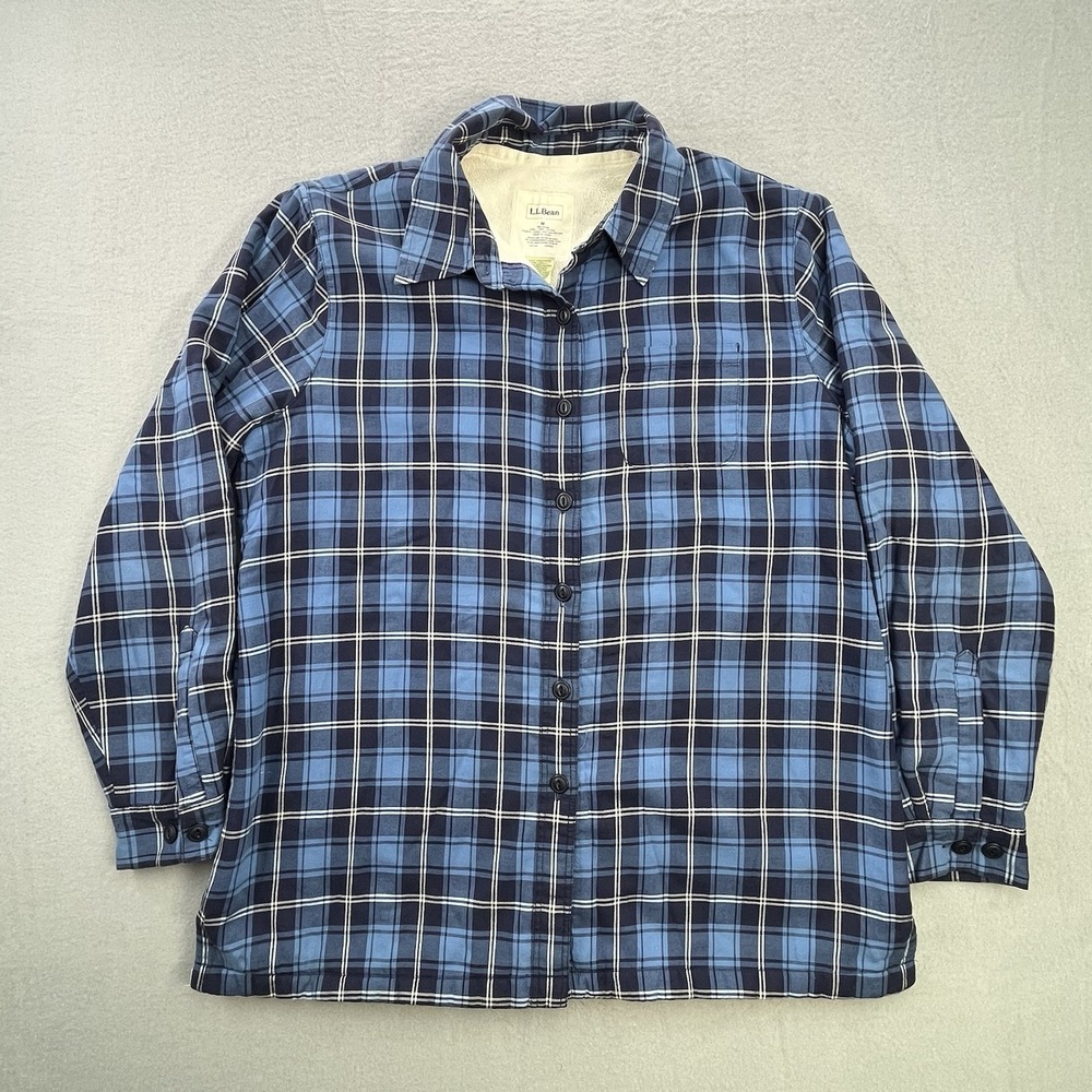 LL Bean Minky Fleece Lined Flannel Shirt Women's Medium Blue Plaid Warm Cozy